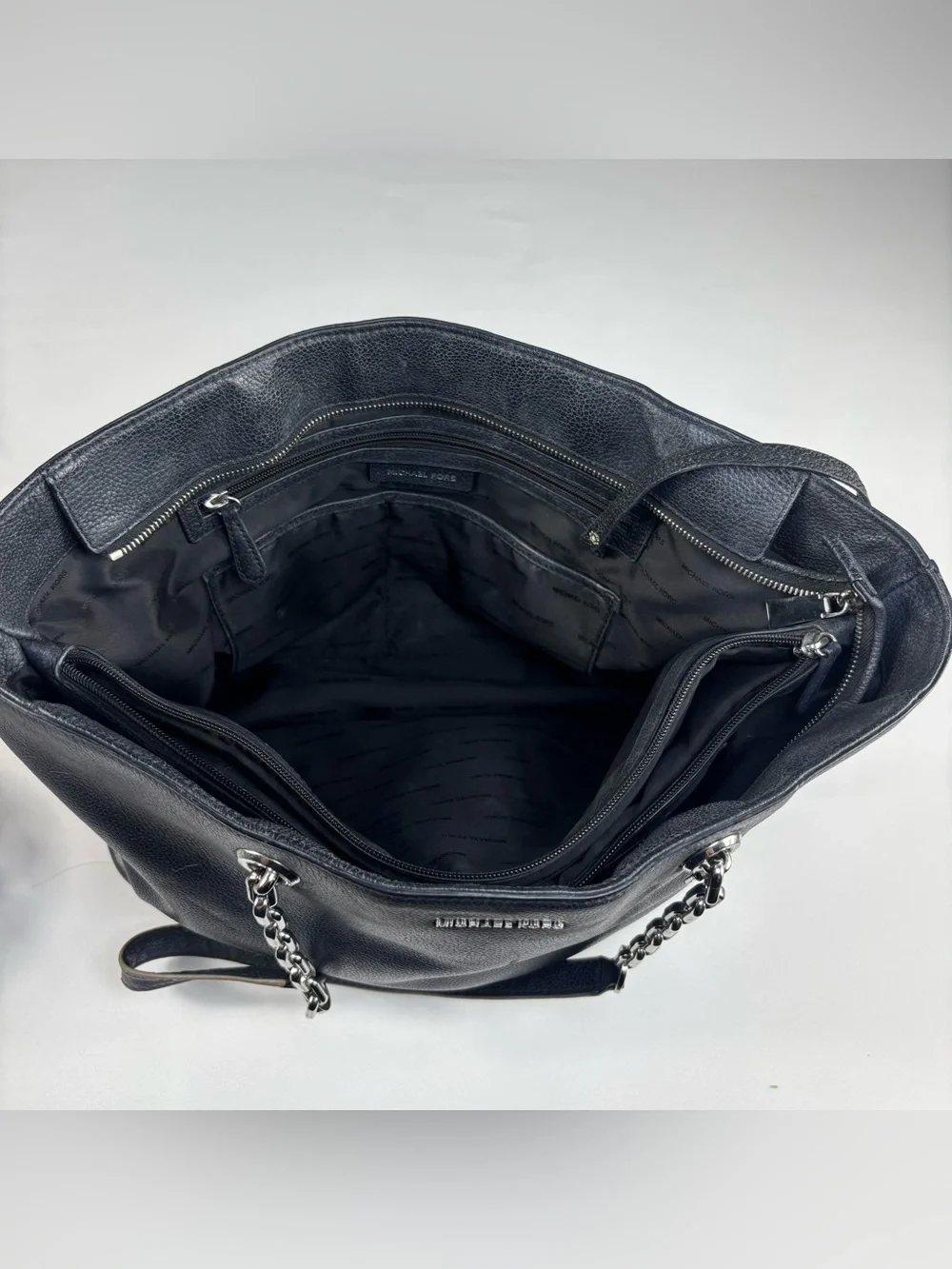 Michael Kors Large Pebbled Leather Chain Tote Bag Navy Silver Hardware